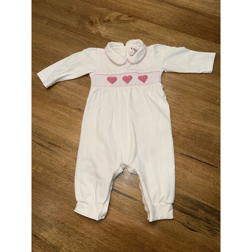 Eliza James Baby Girl 9M Smocked Romper Pink Hearts Long Sleeve Peter Pan Collar